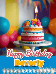 Happy Birthday Beverly GIF: A birthday card gif with a cake and candle and a blue ribbon with animated sparklers. Reads Happy Birthday Name
