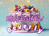 Happy Birthday Beverly GIF: A beautiful birthday cake gif with animated sparkles and glitter Happy Birthday Name you can customize