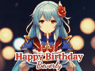 Happy Birthday Beverly GIF: Anime girl holding a birthday cake and an animated sword falls into it. Text reads Happy Birthday Customize