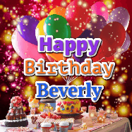 Happy Birthday Beverly GIF: Animated happy birthday gif on a bright red glittery background and 3 lines of text reading Happy Birthday Customize