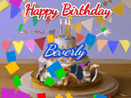 Happy Birthday Beverly GIF: Happy Birthday Cake GIF with a cat, lamb, and squirrel on the cake with flickering candles, a sparkler, and falling confetti. Reads Happy Birthday Name and you can customize the name