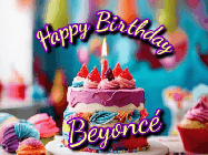 Happy Birthday Beyonce GIF: A colorful animated birthday gif of a cake and falling stars with a flickering candle. Text reads Happy Birthday and Customize.