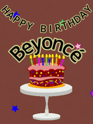 Happy Birthday Beyonce GIF: Animated birthday gif of a chocolate cartoon cake and stars. Animated text can be customized with name.