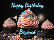 Happy Birthday Beyonce GIF: A delicious cupcake gif with animated sparkles reading Happy Birthday with a name to customize
