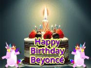 Happy Birthday Beyonce GIF: An animated gif with 2 unicorns and a birthday candle on a cake.