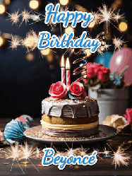 Happy Birthday Beyonce GIF: Sparkles and glitter happy birthday gif with a cake and flickering candles and sparklers behind the words happy birthday customize