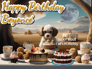Happy Birthday Beyonce GIF: Animated birthday gif with a dog at a fancy birthday table loaded with cakes as hearts appear. It reads Happy Birthday Customize.