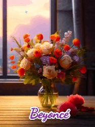 Happy Birthday Beyonce GIF: A vase of flowers and animated hearts pop in and out as the words Happy Birthday Name appears that you can customize
