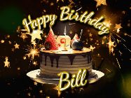 Happy Birthday Bill GIF: Bursting stars fall past a birthday cake in this animated birthday gif with name you can customize. Dark background.