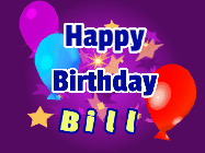 Happy Birthday Bill GIF: A lovely purple birthday gif animated with moving text, a balloon, and bubbles. Customize it.