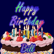 Happy Birthday Bill GIF: A dark blue birthday gif with a beautiful cake with flickering candles, background sparkles and a name to customize.