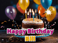 Happy Birthday Bill GIF: A birthday cake with flickering candles gif with text reading Happy Birthday and a Name slot to customize