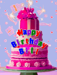 Happy Birthday Bill GIF: A big beautiful birthday cake gif with falling confetti, sparklers, and balloons, reads Happy Birthday Name. Customize it.
