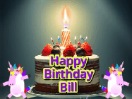 Happy Birthday Bill GIF: An animated gif with 2 unicorns and a birthday candle on a cake.
