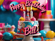 Happy Birthday Bill GIF: Animated birthday gif with a beautiful colorful birthday can and sparkles in the air. It reads Happy Birthday Customize.