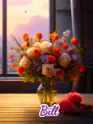 Happy Birthday Bill GIF: A vase of flowers and animated hearts pop in and out as the words Happy Birthday Name appears that you can customize