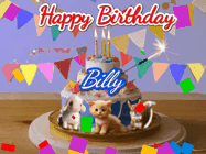Happy Birthday Billy GIF: Happy Birthday Cake GIF with a cat, lamb, and squirrel on the cake with flickering candles, a sparkler, and falling confetti. Reads Happy Birthday Name and you can customize the name