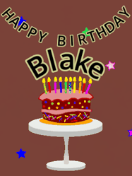 Happy Birthday Blake GIF: Animated birthday gif of a chocolate cartoon cake and stars. Animated text can be customized with name.