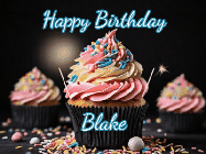 Happy Birthday Blake GIF: A delicious cupcake gif with animated sparkles reading Happy Birthday with a name to customize