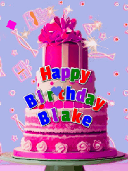 Happy Birthday Blake GIF: A big beautiful birthday cake gif with falling confetti, sparklers, and balloons, reads Happy Birthday Name. Customize it.
