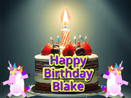 Happy Birthday Blake GIF: An animated gif with 2 unicorns and a birthday candle on a cake.