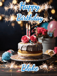 Happy Birthday Blake GIF: Sparkles and glitter happy birthday gif with a cake and flickering candles and sparklers behind the words happy birthday customize