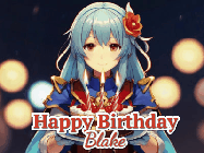 Happy Birthday Blake GIF: Anime girl holding a birthday cake and an animated sword falls into it. Text reads Happy Birthday Customize