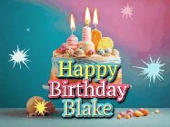 Happy Birthday Blake GIF: A colorful animated Happy Birthday Cake GIF with swirling sparkles and flickering candles. It reads Happy Birthday Name