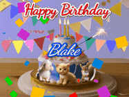 Happy Birthday Blake GIF: Happy Birthday Cake GIF with a cat, lamb, and squirrel on the cake with flickering candles, a sparkler, and falling confetti. Reads Happy Birthday Name and you can customize the name