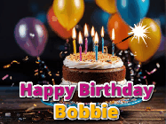 Happy Birthday Bobbie GIF: A birthday cake with flickering candles gif with text reading Happy Birthday and a Name slot to customize
