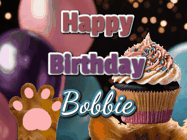 Happy Birthday Bobbie GIF: Cute Kitten Birthday Cupcake GIF with a cupcake raised by a cats head, then it pulls down text reading Happy Birthday Name