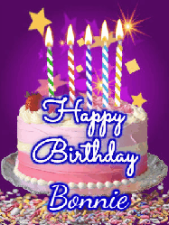 Happy Birthday Bonnie GIF: Happy birthday animated gif of a brightly lit birthday cake, birthday candles, and falling confetti. Customize name.