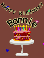 Happy Birthday Bonnie GIF: Animated birthday gif of a chocolate cartoon cake and stars. Animated text can be customized with name.