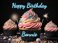 Happy Birthday Bonnie GIF: A delicious cupcake gif with animated sparkles reading Happy Birthday with a name to customize