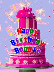 Happy Birthday Bonnie GIF: A big beautiful birthday cake gif with falling confetti, sparklers, and balloons, reads Happy Birthday Name. Customize it.