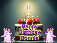 Happy Birthday Bonnie GIF: An animated gif with 2 unicorns and a birthday candle on a cake.