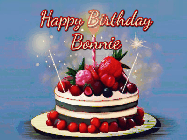 Happy Birthday Bonnie GIF: Animated GIF of a birthday cake covered in berries with 2 sparklers and a candle, reads Happy Birthday Name. Customize it.