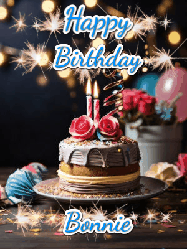Happy Birthday Bonnie GIF: Sparkles and glitter happy birthday gif with a cake and flickering candles and sparklers behind the words happy birthday customize