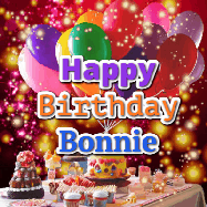 Happy Birthday Bonnie GIF: Animated happy birthday gif on a bright red glittery background and 3 lines of text reading Happy Birthday Customize