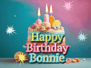 Happy Birthday Bonnie GIF: A colorful animated Happy Birthday Cake GIF with swirling sparkles and flickering candles. It reads Happy Birthday Name