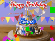 Happy Birthday Bonnie GIF: Happy Birthday Cake GIF with a cat, lamb, and squirrel on the cake with flickering candles, a sparkler, and falling confetti. Reads Happy Birthday Name and you can customize the name