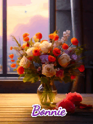 Happy Birthday Bonnie GIF: A vase of flowers and animated hearts pop in and out as the words Happy Birthday Name appears that you can customize