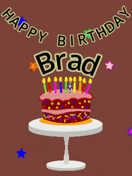 Happy Birthday Brad GIF: Animated birthday gif of a chocolate cartoon cake and stars. Animated text can be customized with name.