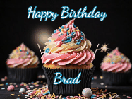 Happy Birthday Brad GIF: A delicious cupcake gif with animated sparkles reading Happy Birthday with a name to customize