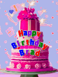 Happy Birthday Brad GIF: A big beautiful birthday cake gif with falling confetti, sparklers, and balloons, reads Happy Birthday Name. Customize it.