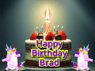 Happy Birthday Brad GIF: An animated gif with 2 unicorns and a birthday candle on a cake.