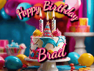 Happy Birthday Brad GIF: Animated birthday gif with a beautiful colorful birthday can and sparkles in the air. It reads Happy Birthday Customize.