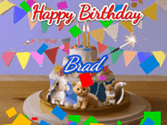 Happy Birthday Brad GIF: Happy Birthday Cake GIF with a cat, lamb, and squirrel on the cake with flickering candles, a sparkler, and falling confetti. Reads Happy Birthday Name and you can customize the name