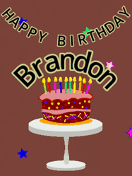 Happy Birthday Brandon GIF: Animated birthday gif of a chocolate cartoon cake and stars. Animated text can be customized with name.