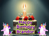 Happy Birthday Brandon GIF: An animated gif with 2 unicorns and a birthday candle on a cake.